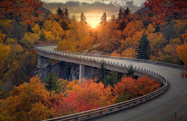 curvy осенний road - autumn road landscape mountain стоковые фото и изображения