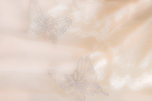 The skirt of an antique white wedding dress with lace and tule flow across the image in waves and layers. The skirt and lace is in soft focus and has two glittered silver butterflies sitting on the skirt.