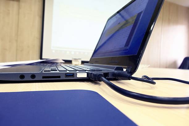 Laptop in meeting room stock photo