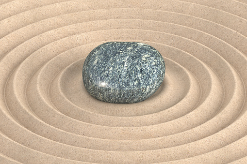 Zen garden concept with a wave in the sand, 3D rendering