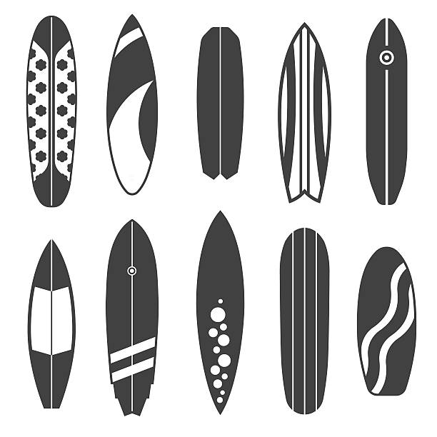 Outline Surfing Board Icons Outline surfboard collection. Flat design vector various surf desk icon set. Surfing desks and boards. Different colors and styles. Surfdesks icons isolated on white background in black and white. surfboard stock illustrations