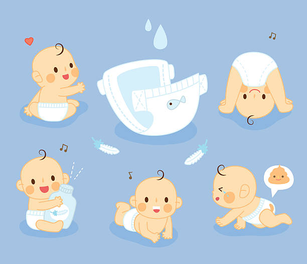 baby mit windel - gegenstand zur babypflege stock-grafiken, -clipart, -cartoons und -symbole
