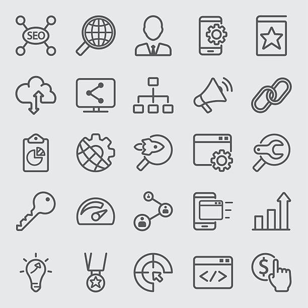 illustrazioni stock, clip art, cartoni animati e icone di tendenza di icone di seo internet linea - key marketing interface icons symbol
