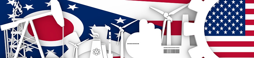 Energy and Power icons set. Header banner with Ohio and USA flags. Sustainable energy generation and heavy industry. 3D rendering