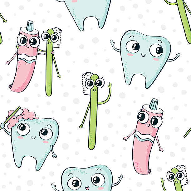 Vector seamless pattern with tooth, toothbrush and toothpaste characters Vector seamless pattern with cute childish characters - tooth, toothpaste and toothbrush - isolated on white dotted background, dental hygiene theme toothbrush toothpaste backgrounds beauty stock illustrations