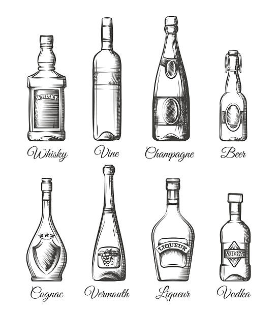 ilustraciones, imágenes clip art, dibujos animados e iconos de stock de alcohol frascos de dibujado a mano estilo - cognac bottle