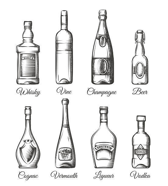 ilustrações de stock, clip art, desenhos animados e ícones de garrafas de álcool em estilo desenhado à mão - garrafa vinho
