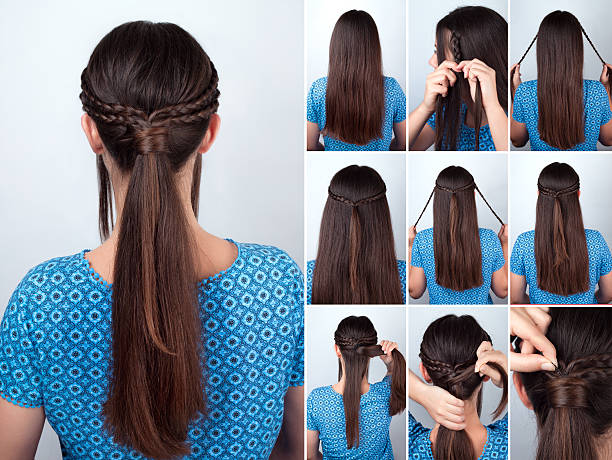 簡単なヘアスタイルのポニーテール、plaits ヘアチュートリアル - hair bun hairstyle women hair back ストックフォトと画像