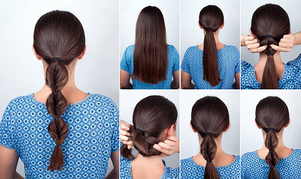 tutoriel très simple coiffure pour cheveux longs - ponytail photos et images de collection