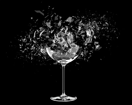 3d render Breaking wine glass on black