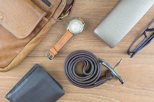 Photo of Flat lay leather for men.