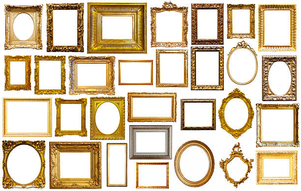assortment of art frames assortment of golden and silvery art and photo frames isolated on white background antique picture frame stock pictures, royalty-free photos & images