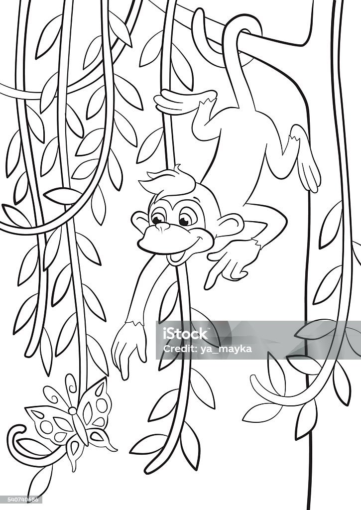 Monkey in hanging on the tree branch. Coloring pages. Little cute monkey is hanging on the tree branch in the forest, smiling and poingting somethere. Ape stock vector