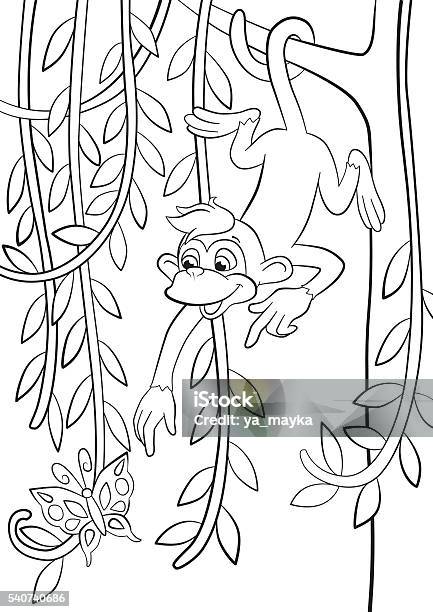 Monkey In Hanging On The Tree Branch Stock Illustration - Download Image Now - Ape, Coloring, Monkey