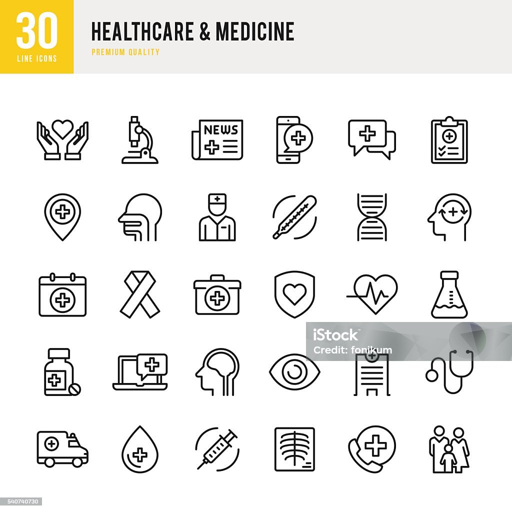 Healthcare & Medicine - Thin Line Icon Set Healthcare & Medicine set of 30 thin line vector icons. Microscope stock vector
