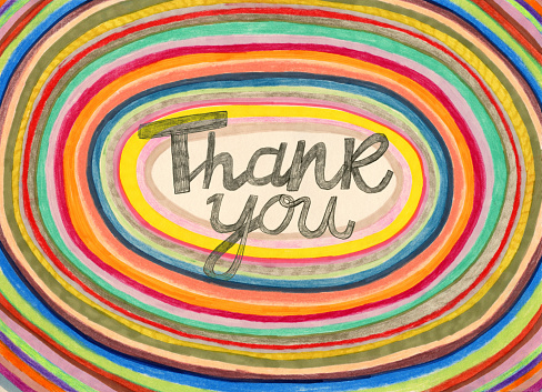 Hand drawn/written thank you banner on colourful background