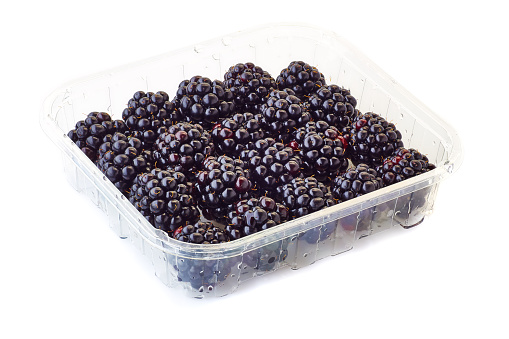 A punnet of blackberries isolated on white backgrounf