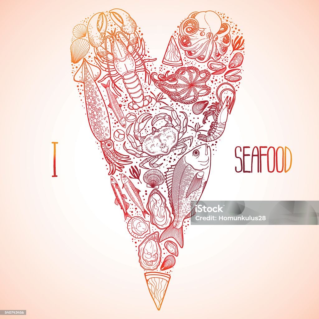 Graphic seafood in the shape of heart Graphic seafood in the shape of tilda heart. Sea and ocean creatures isolated on white background. Coloring book page design Love - Emotion stock vector