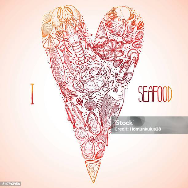 Graphic Seafood In The Shape Of Heart Stock Illustration - Download Image Now - Love - Emotion, Fish, Adult