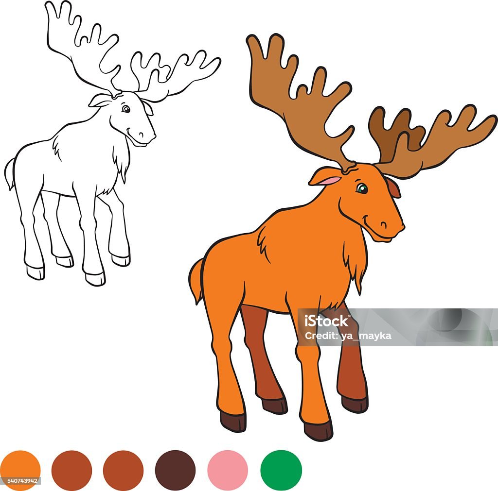 Cute kind elk stands and smiles. Coloring page. Color me: beaver.  Cute kind elk stands and smiles. Animal stock vector