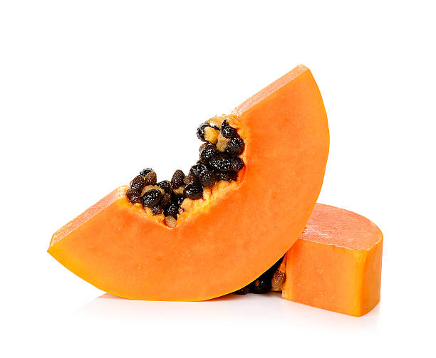 fetta maturi isolato papaia - papaya foto e immagini stock