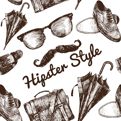 Vector Hipster Style Set 2. Hipster accessories in retro sepia style on white background. Seamless pattern.