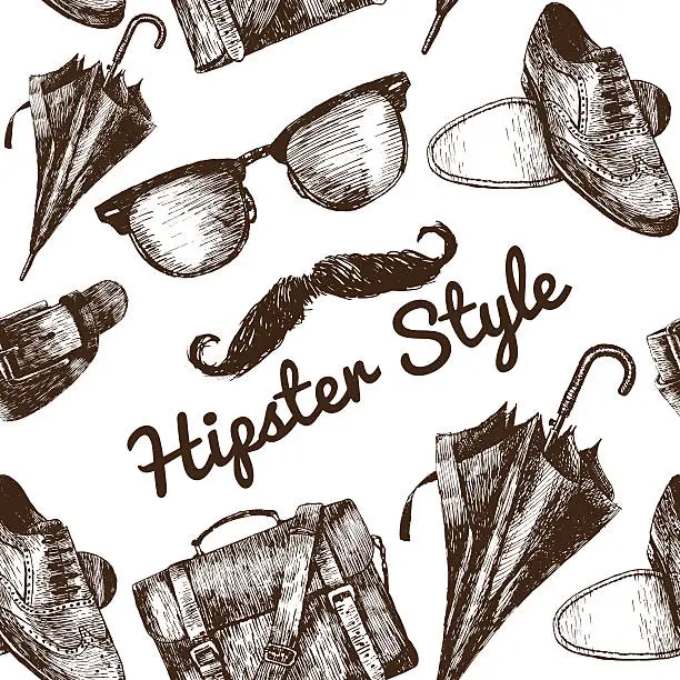 Vector illustration of Vector hipster accessories in retro sepia style on seamless pattern