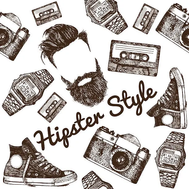 Vector illustration of Vector hipster accessories in retro sepia style on seamless pattern