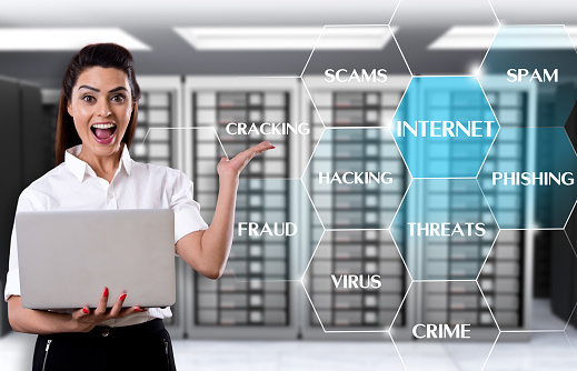 Excited young businesswoman showing common internet threats such as scams, spam, cracking, internet, hacking, phishing, fraud, threats, virus, crime.