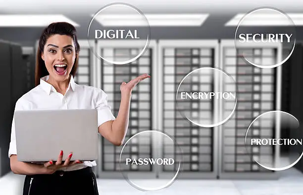 Photo of Businesswoman showing internet security word cloud