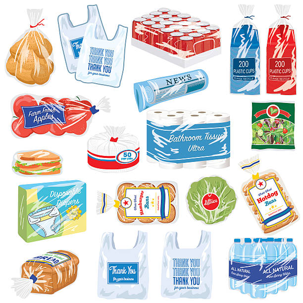 lebensmittel und produkte, die mit recyclingfähigen flexibel kunststoff - plastik teller stock-grafiken, -clipart, -cartoons und -symbole