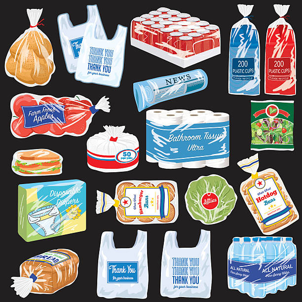 lebensmittel und produkte, die mit recyclingfähigen flexibel kunststoff - recycling newspaper paper bottle stock-grafiken, -clipart, -cartoons und -symbole