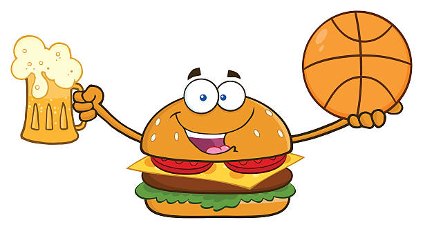 ilustraciones, imágenes clip art, dibujos animados e iconos de stock de burger holding cerveza y baloncesto - bread food basket sweet bun