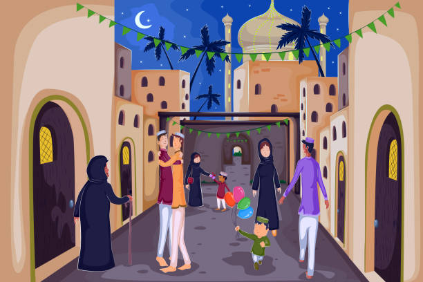 Muslim families wishing Happy Eid Muslim families wishing Eid Mubarak,Happy Eid in vector father allah stock illustrations