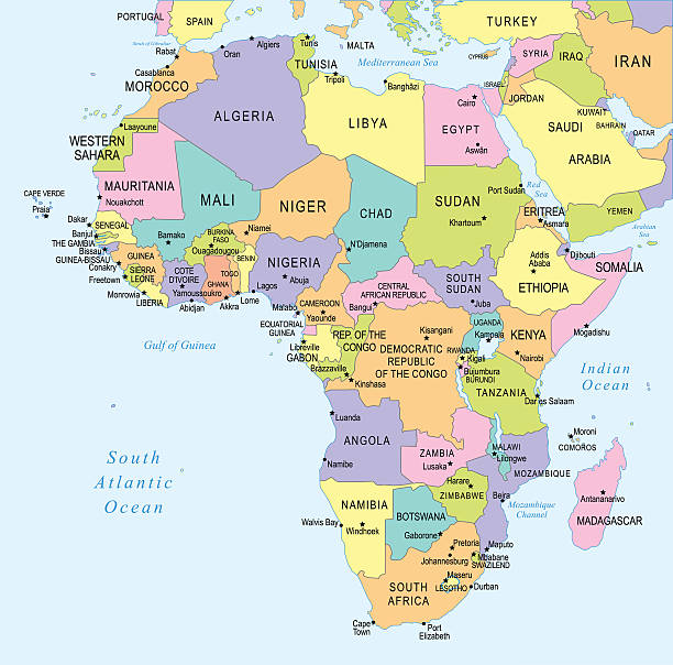Map of Africa - illustration Colored Map of Africa with Country Names and Capital Cities libya map stock illustrations