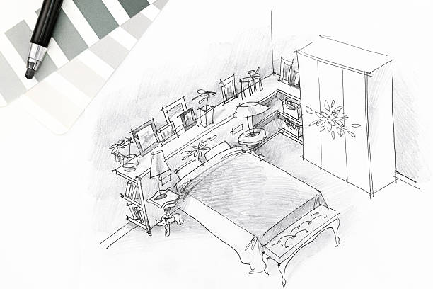 interior sketch of modern bedroom with pencil and color swatches