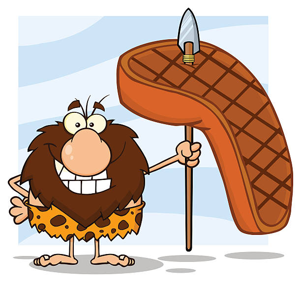 Caveman Holding A Spear With Big Grilled Steak And Background Stock  Illustration - Download Image Now - iStock