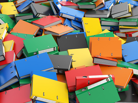 File binders or folders with documents. Paperwork office colourful background. 3d illustration