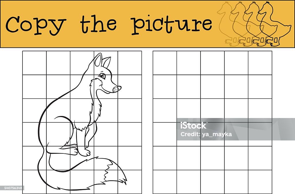 Copy the picture. Little cute fox sits and smiles. Children games: Copy the picture. Little cute fox sits and smiles. Activity stock vector