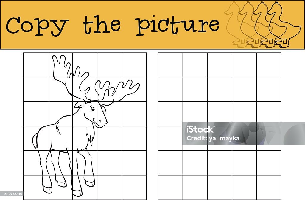 Copy the picture. Cute kind elk stands and smiles. Children games: Copy the picture. Cute kind elk stands and smiles. Activity stock vector