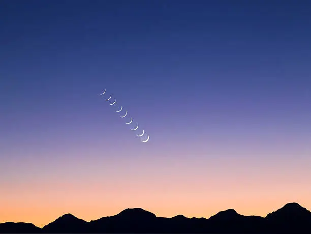 Movement Of Newmoon In Sunset. Image Was Created By Stacking  9 Different Photos.