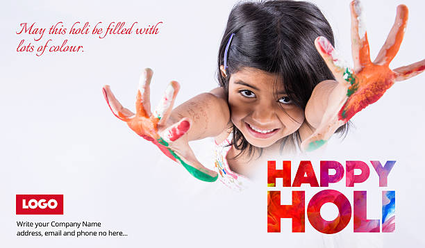 happy holi greeting card using indian girl with colourful palm
