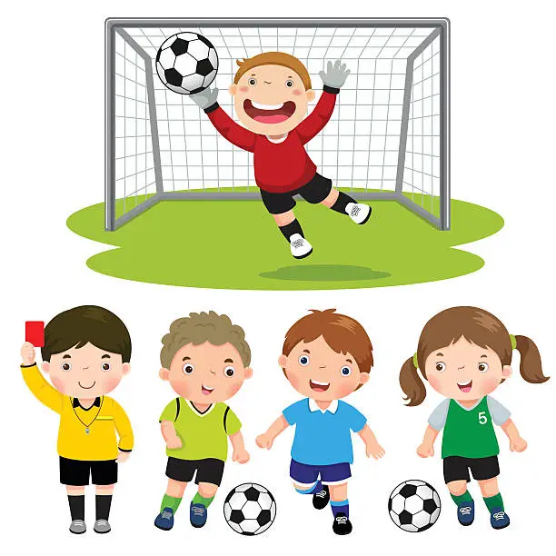 Vector illustration of Set of cartoon soccer kids with different pose
