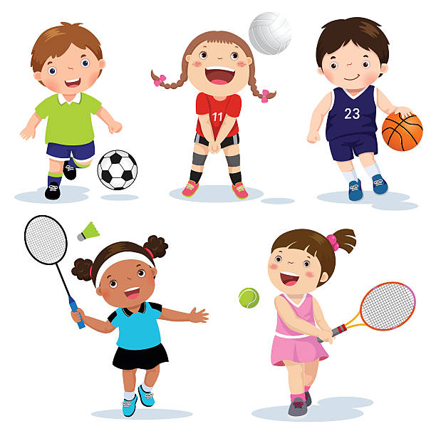 ilustraciones, imágenes clip art, dibujos animados e iconos de stock de ilustración vectorial de varios niños deportistas sobre un fondo blanco - tennis child childhood sport