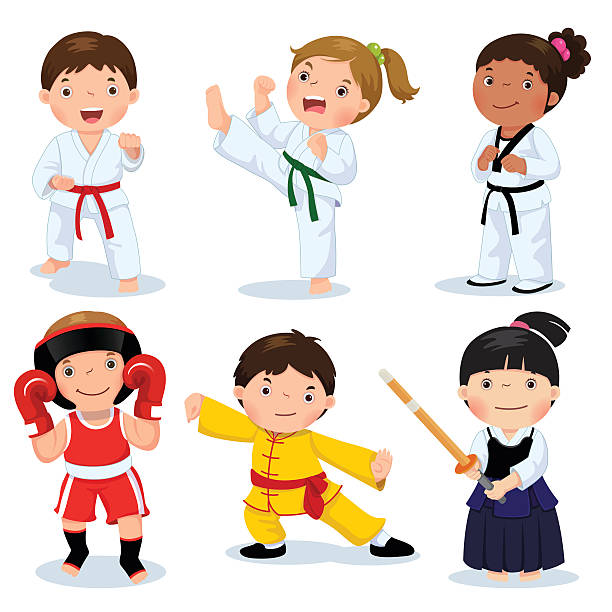 Children fighting, judo, taekwondo, karate, kung fu, boxing, kendo Set of martial arts kids. Children fighting, judo, taekwondo, karate, kung fu, boxing, kendo martial arts stock illustrations