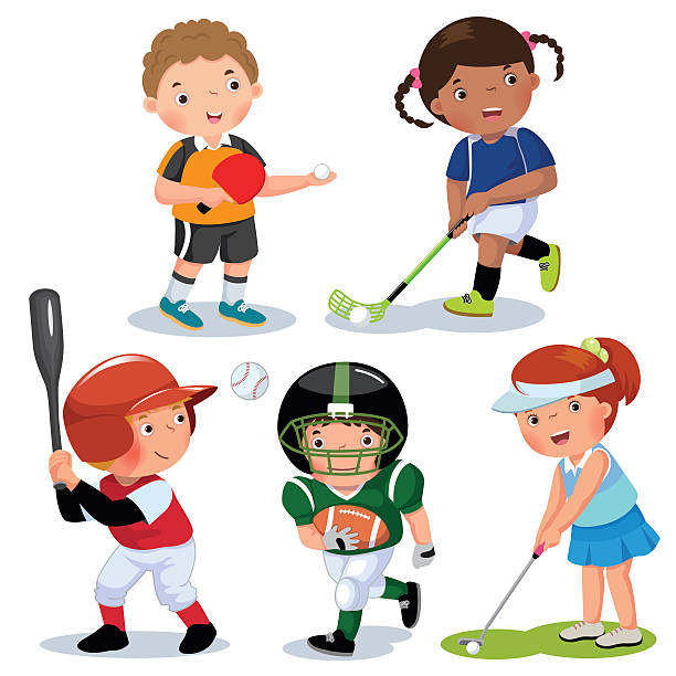 illustrazioni stock, clip art, cartoni animati e icone di tendenza di illustrazione vettoriale di vari bambini sportivi su sfondo bianco - tennis child sport cartoon