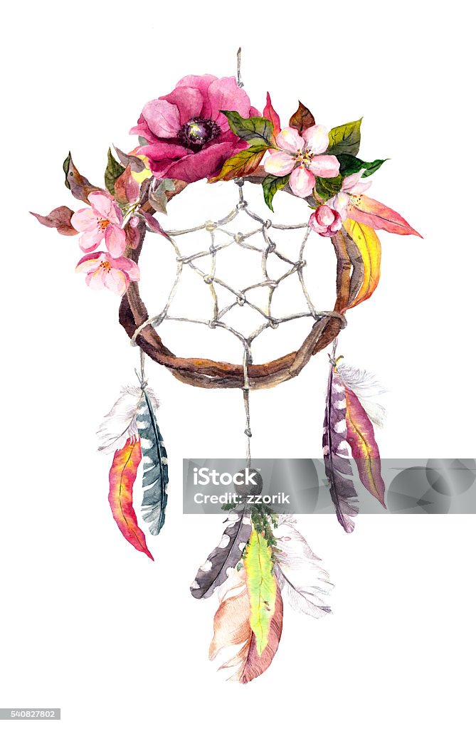 Dream catcher - feathers, leaves, flowers. Autumn watercolor, boho style Dream catcher - dreamcatcher with feathers, autumn leaves and flowers. Autumn watercolor in boho style Dreamcatcher stock illustration