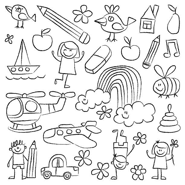 illustrations, cliparts, dessins animés et icônes de crèche images de griffonnage fond blanc - childs drawing child preschool crayon