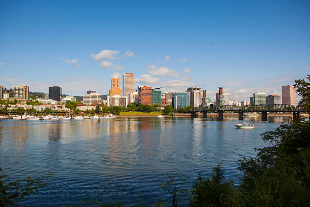 Downtown Portland and the Willamette River on a sunny day stock photo