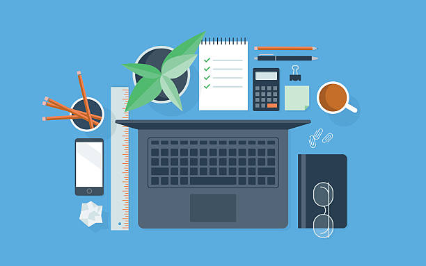 Flat illustration of neatly organized workspace A flat vector illustration of a neatly organized workspace. May be used for a variety of applications, including backgrounds, web banners and graphics, presentations, posters, advertising, and printed materials. desk stock illustrations